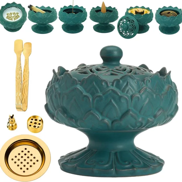 Famanu Multifunctionele keramische wierookbrander, geschikt voor stok, kegel, poeder of spoel, met accessoires voor meditatie Groen