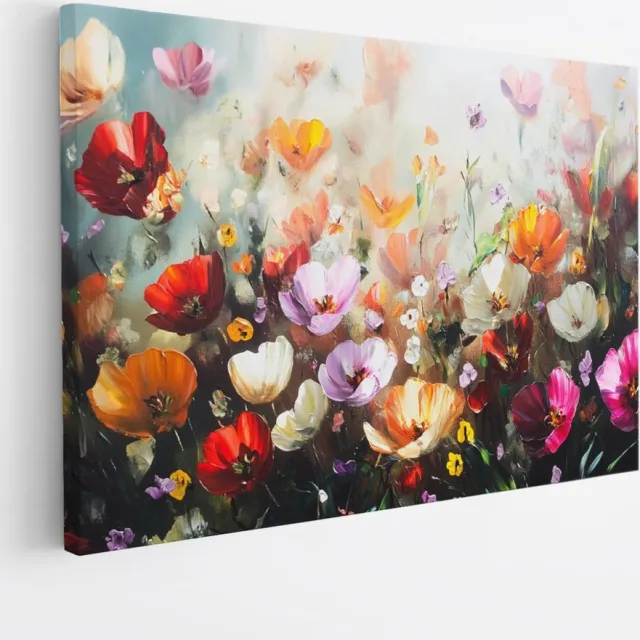 Saammp Canvas Schilderij - Kleurrijk Bloemenveld Schilderij - Abstract - Natuur - 60x40 - Foto op canvas - Wanddecoratie - Modern Interieur - Woonkamer Decoratie Multicolor