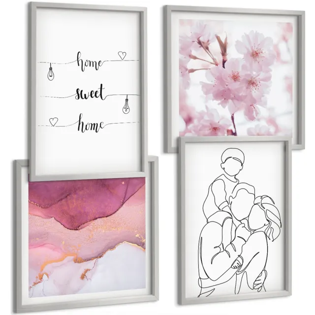 Coloray 4-Delige Schilderij Set - Bloemen En Familie In Minimalistisch Design. - 40 x 40 cm En 40 x 60 cm - Muurdecoratie - Schilderijen Set - Woonkamer Zilveren lijst