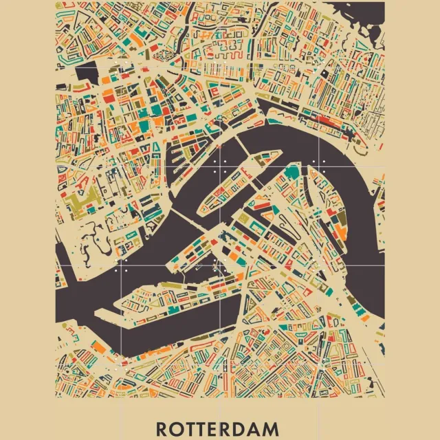 IXXI Rotterdam Mosaic Map, Kunst in Kaart - 80 x 100 cm - Grote wanddecoratie en posters - Illustraties, Kleurrijk, Digitale Kunst, Grafisch Ontwerp Beige / Blauw / Geel