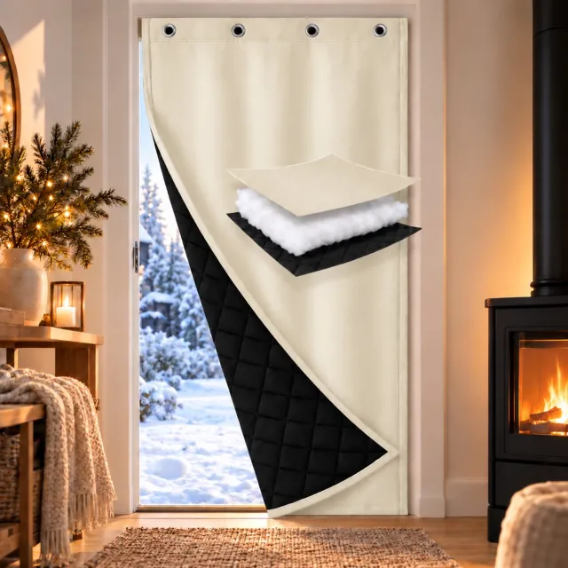 Qelus Warmtewerend Deurgordijn 1 Stuk - Beige - 82 x 204 cm - Gewatteerd Polyester 420 g/m² - Isolerend, Water- en Winddicht - Zelfklevend met Magic Tape en Haken - voor Huis, Garage, Winkel en Hal
