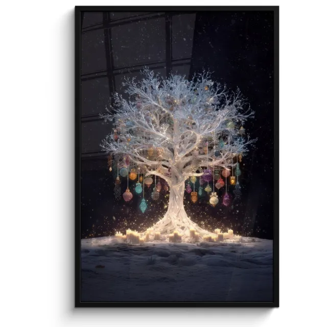 FrameYourWall Poster in lijst - Fotolijst 80x120 cm - Posters - Sneeuwboom - Lichtjes - Wit - Kleurrijk - Posterlijst zwart - Decoratie - Wanddecoratie woonkamer - Muurdecoratie slaapkamer - Kerstversiering - Kerstdecoratie voor binnen - Kerstmis