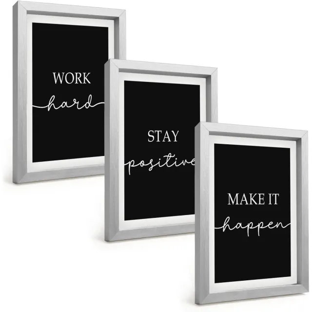 TULUP 4-Delige Schilderij Set - Elegante, motiverende slogans op een zwarte achtergrond - 20 x 30 cm - Stijlvolle Muurdecoratie - Kantoor - Interieur Decoratie Zilveren lijst