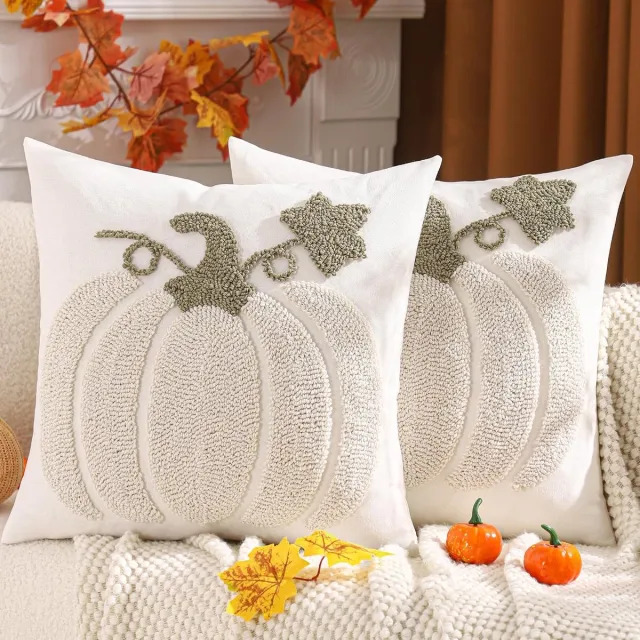 ZVD Herfst-sierkussenhoezen – 45x45 cm – Set van 2 – Halloween-decoratie – Geborduurd ontwerp – Verborgen ritssluiting – Geschikt voor Thanksgiving-feesten en herfstinterieur – Beige pompoenstijl