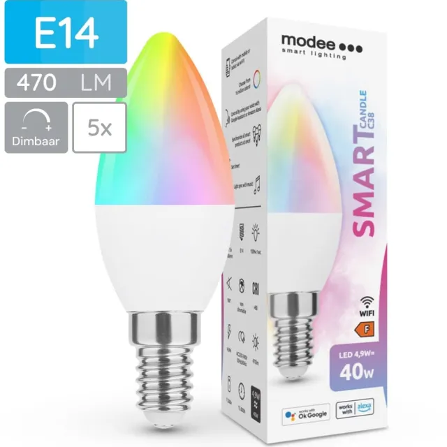 Modee Smart E14 Led Lamp - 4.9 W - Slimme Lamp - App Bediening - RGB en Neutraal Wit - B35 Kaarslamp - 5 Stuks