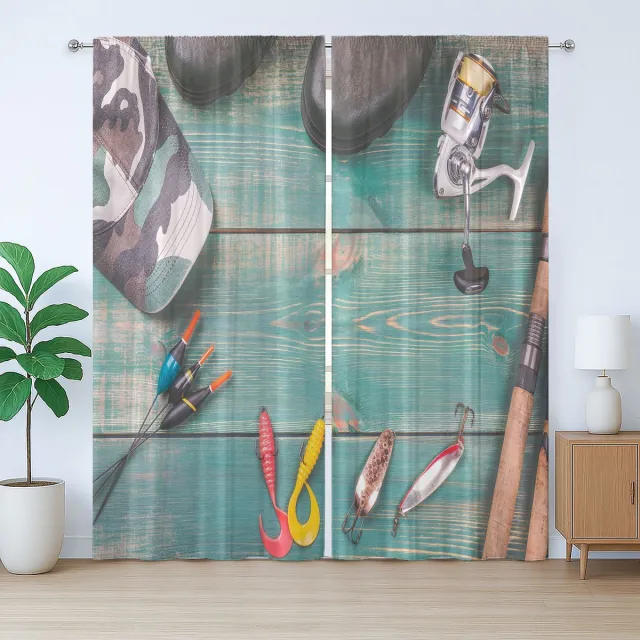 ABAKUHAUS Rustiek gordijn met visthema, afbeelding van visgerei, met lussen en haken voor de slaapkamer, 280 x 175 cm, turquoise zilverbruin