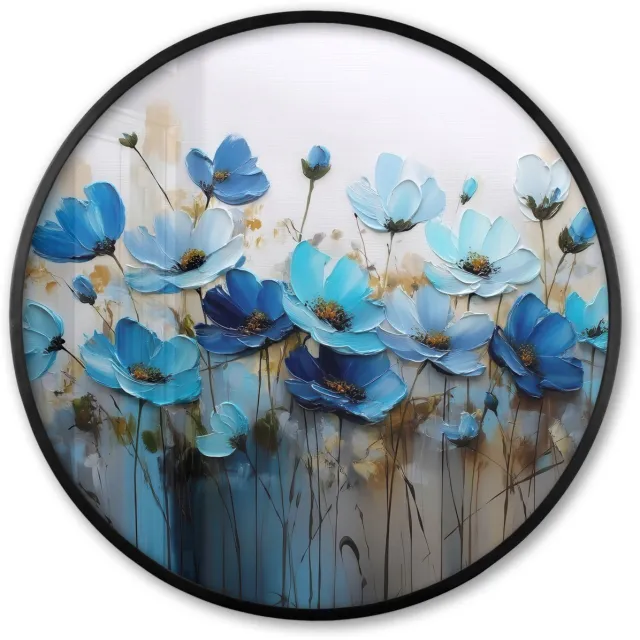 FrameYourWall Poster in lijst Rond - Fotolijst 80x80 cm - Posters - Bloemen - Schilderij - Blauw - Ronde posterlijst zwart - Decoratie - Wanddecoratie woonkamer - Muurdecoratie slaapkamer
