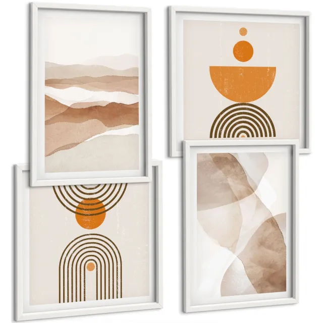 Coloray 4-Delige Schilderij Set - Structuren In Verschillende Tinten Minimalisme - 40 x 40 En 40 x 60 - Wanddecoratie - Schilderijen Set - Kantoor - Muurdecoratie Witte lijst