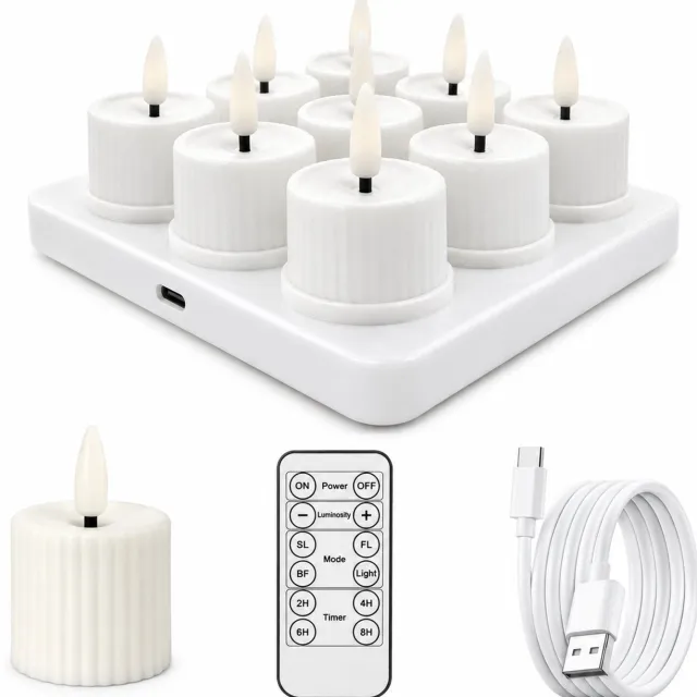 SWGOTA led kaarsen set van 9 - Wit, geribbeld, warm licht, afstandsbediening en Type-C-opladen - Met basis voor 3 x 3 kaarsen en laadkabel