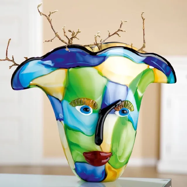 Gilde handwerk GlasArt Vaas 'Viso Blue' | Kleurrijk Design met Gezicht l Breed 37 cm Hoogte 31 cm geel