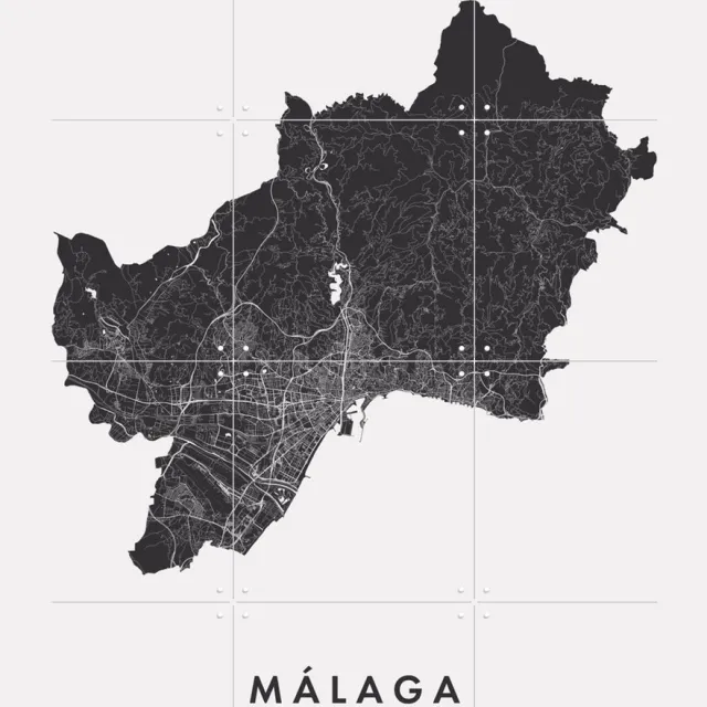 IXXI Málaga City Map, Kunst in Kaart - 60 x 80 cm - Grote wanddecoratie en posters - Grafisch Ontwerp, Abstract, Minimalisme, Illustraties Monochroom / Zwart en wit / Zwart