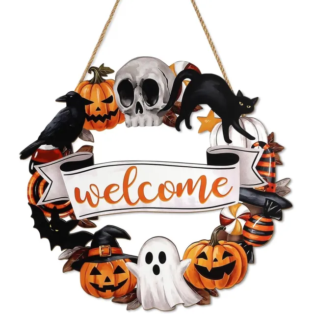 longziming Halloween Deurkrans van Hout - 29 x 28 cm - Halloween Wanddecoratie met Schedel, Pompoen, Spook, Zwarte Kat en Vleermuis - Houten Hangbord voor Voordeur - Halloween Decoratie voor Binnen en Buiten Kleurrijk
