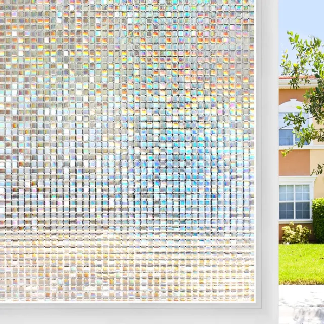 longziming Raamfolie Privacy 60 x 200 cm – 3D Mozaïek Glasfolie – Statische Hechting – UV-Werend – Herbruikbare Decoratieve Glasfolie met Regenboogeffect