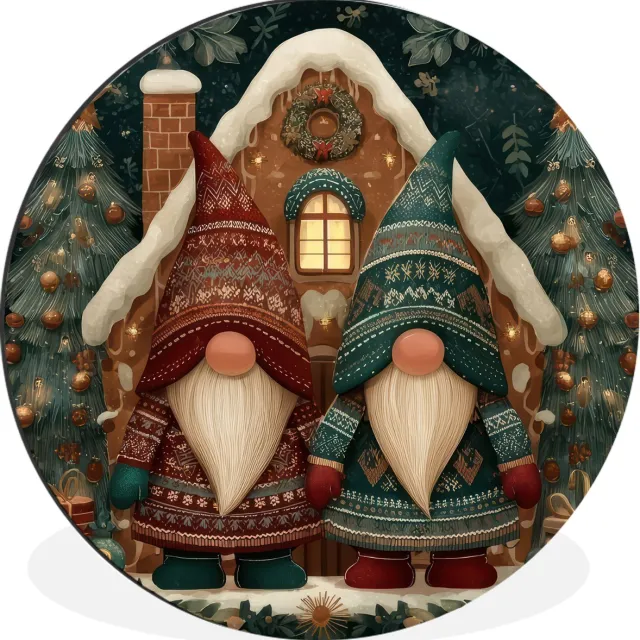 WallCircle Wandcirkel - Muurcirkel - Kerst - Gnomen - Peperkoekhuisje - Rood - Groen - Aluminium - Dibond - 120x120 cm - Binnen en Buiten Kerst - Gnomen - Huisje - Rood - Groen