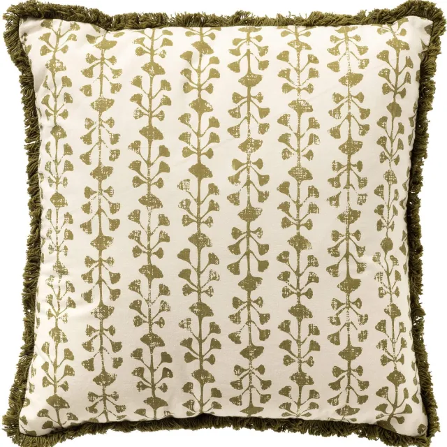 Dutch Decor FRANCINE - sierkussen 45x45 cm - 100% katoen - bladmotief en franjes - Green Moss - groen, wit - Inclusief binnenkussen - Luxe kussens voor woonkamer & bank Mosgroeb