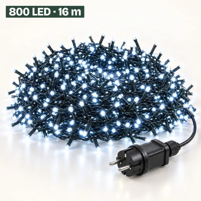 Levano Kerstverlichting Buiten 800 LED 16 m Koel Wit - Kerstboomverlichting met Timer en Geheugen - Lichtfuncties - Lichtsnoer voor Binnen en Buiten - Microcluster - Clusterverlichting Kerstboom - Lichtslinger - Kerstlampjes