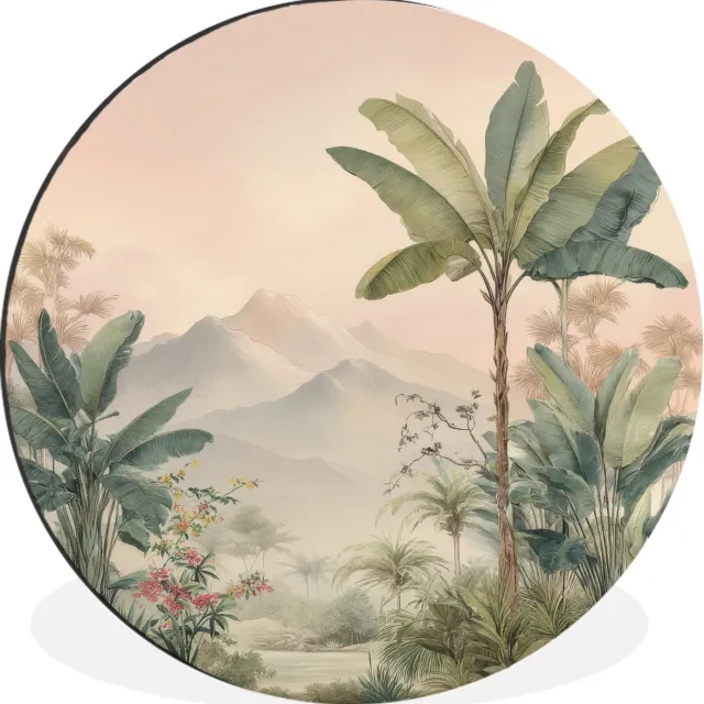 WallCircle Wandcirkel - Muurcirkel - Tropisch landschap - palmbomen - Bloemen - Roze lucht - Aluminium - Dibond - 90x90 cm - Binnen en Buiten Tropisch - Landschap