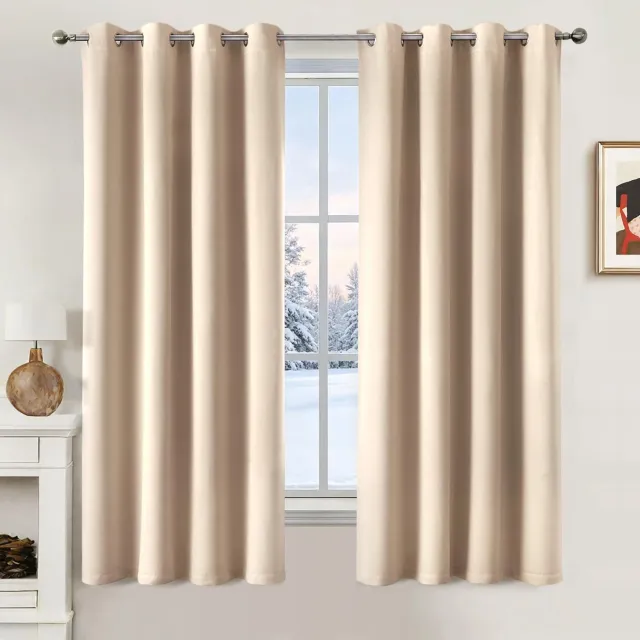 Famanu Verduisterende gordijnen met thermische isolatie, set van 2 ondoorzichtige gordijnen voor koudebescherming in slaapkamer en woonkamer, 175x140 cm (HxB), donkerbeige