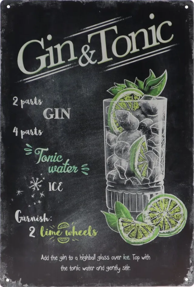 Vintage art Wandbord – Gin & Tonic - Cocktail - Retro - Wanddecoratie – Reclame bord – Restaurant – Kroeg - Bar – Cafe - Horeca – Metal Sign – 20x30cm Multi