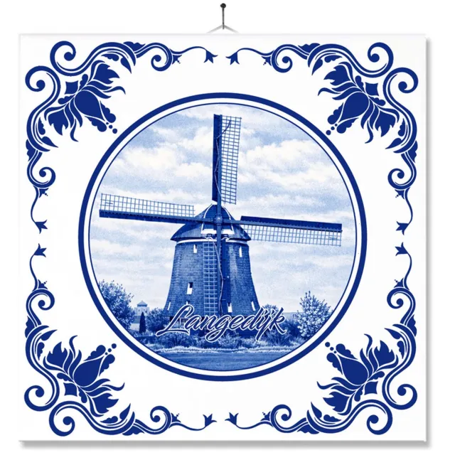 MC Living Tegel Met Opdruk | Langedijk | Delft Blauw | Cadeau | Inclusief Geschenkdoos | Standaard | Ophangsysteem