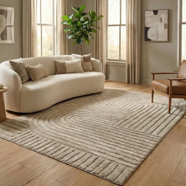 flycarpets Skadi Curve Vloerkleed Japandi & Scandinavisch - Beige - Laagpolig Tapijt Woonkamer