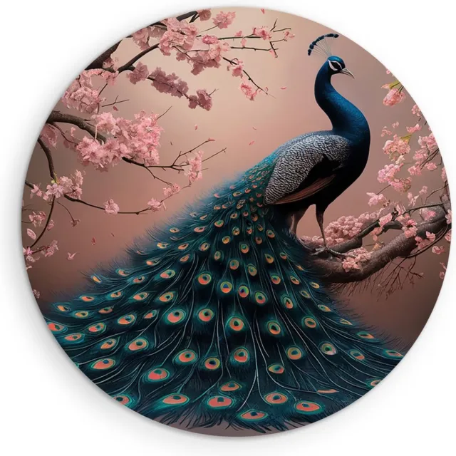 Saammp Forex Muurcirkel - Pauw tussen de roze bloesem - Dieren - Natuur - Ø 70 - Wandcirkel - Wanddecoratie Cirkel - muurdecoratie Woonkamer - Slaapkamer decoratie - Rond Schilderij