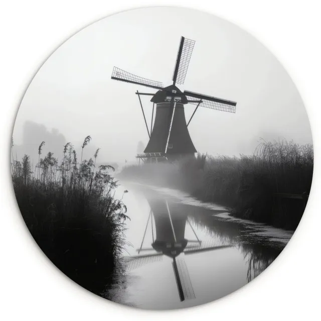 WallCircle Wandcirkel 140x140 cm - Muurcirkel Molen - Weerspiegeling - Landschap - Water - Muurdecoratie woonkamer - Wanddecoratie slaapkamer - Kamer decoratie accessoires - Ronde schilderijen Molen - Landschap