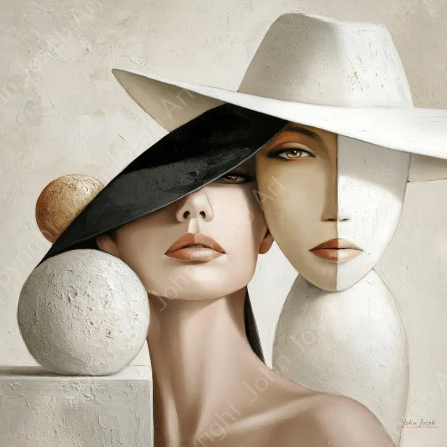 John Joseb Art (Aluminium) 80x80 | Vrouwen gezichten, portret, abstract, grote hoed, japandi, picasso stijl, aardetinten, portret, kunst, vrouw, mens, vierkant, zwart, bruin, beige, wit, modern | foto-schilderij op dibond, metaal wanddecoratie Aluminium, dikte 3 mm