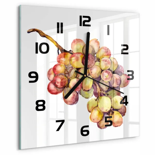 TULUP Wandklok - Druif Wandklok Glas Met Motief - 30x30 cm - Groente Decoratieve Glazen Klok - Zwarte handen - Vierkante Klok - Gekleurde Glazen Klok - Glazen Klok Met Print