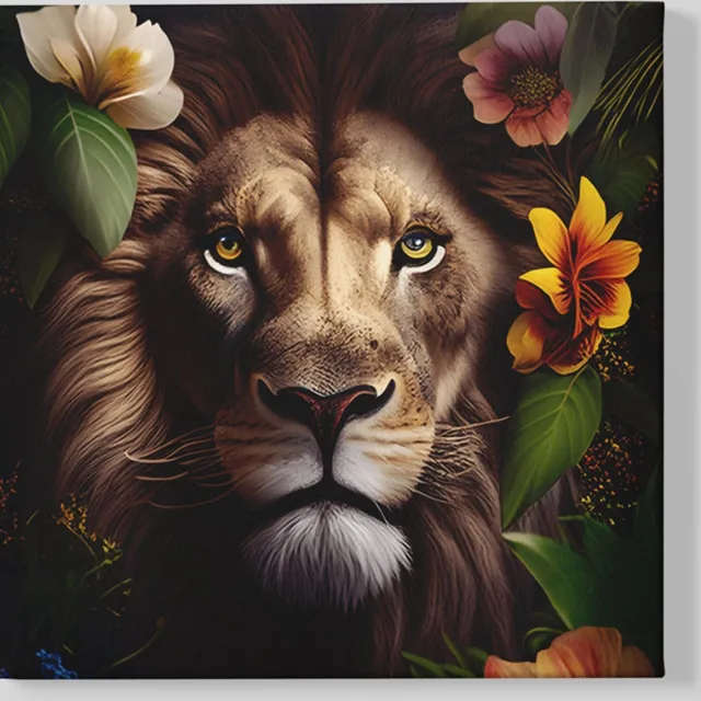 Trendex Global Vierkant Canvas Schilderij - Wilde Dieren - Leeuw en Bloemen - 60x60x2 cm Kleurrijk