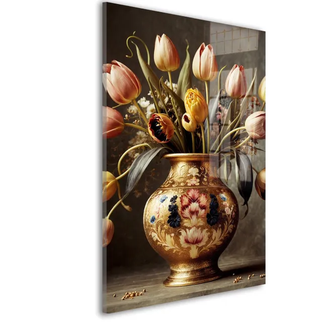De Online Drukwinkel Glasschilderij Gouden tulpenschilderij - 30 x 20 cm - Vaas - Bloemen en Planten - Acrylaat - Inclusief wandbevestiging - Foto op plexiglas - Wanddecoratie woonkamer