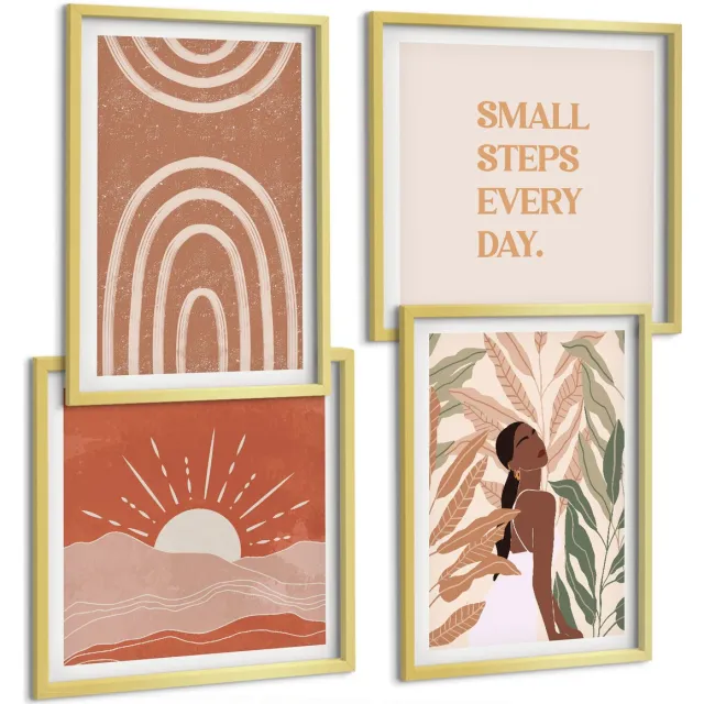 TULUP 4-Delige Schilderij Set - Boho abstracte vormen en illustraties - 40 x 40 cm en 40 x 60 cm - Wanddecoratie - Schilderijen Set - Interieur Gouden lijst