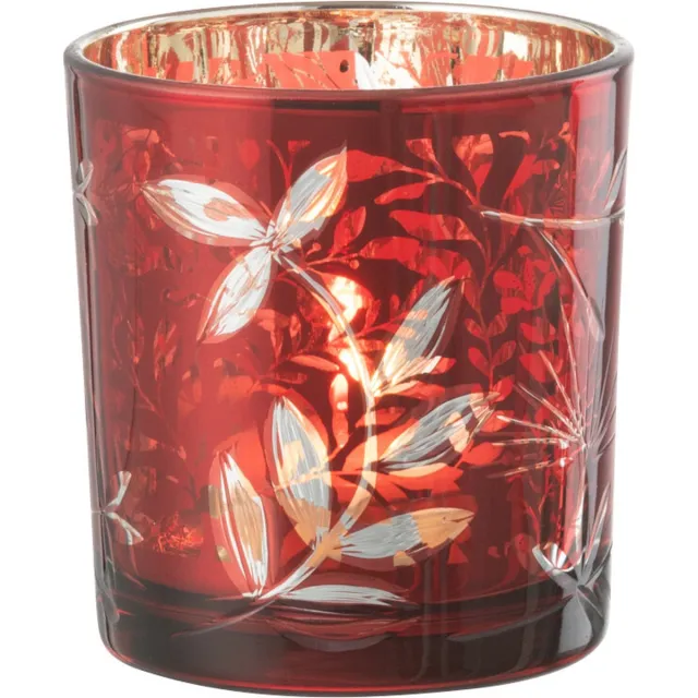 J-Line windlicht Blaadjes - glas - rood/goud - small