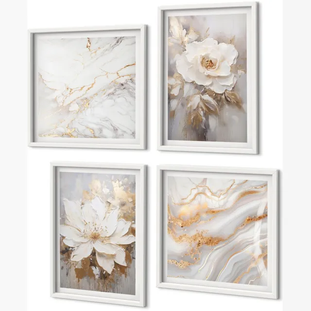 Coloray 4-Delige Schilderij Set - Bloemen Op Een Lichte Achtergrond Met Abstracte Marmerpatronen. - 40 x 40 En 40 x 60 - Decoratieve Schilderijen - Woonkamer - Interieur - Stijlvolle Muurdecoratie Witte lijst