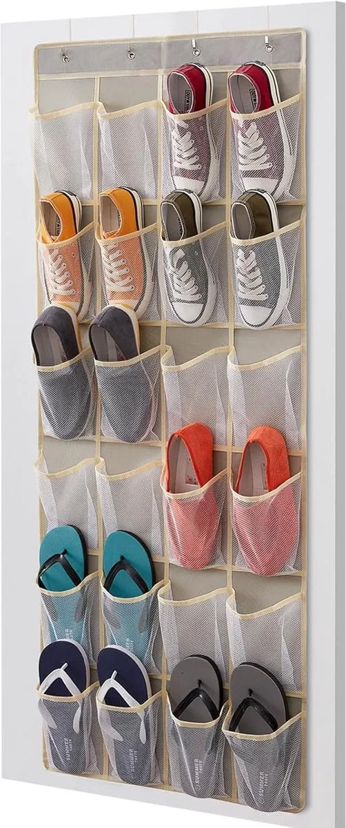 Famanu Hangende Schoenen Organizer 24 Mesh Vakken Hangende Schoenrekken Houders Achter De Deur met 4 Metalen Haken Deuren Schoenopbergvakken voor Kastdeur voor Mannen Vrouwen, Lichtgrijs, Large