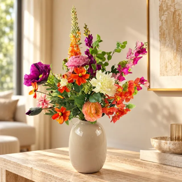 Bloemboetiek Flower Fiesta XL - Kunstbloemen - Bloemen - Zijden bloemen boeket - Luxe kunstbloemen plukboeket - roze, oranje, peach, wit, geel, paars en groen - 65 cm - 20 stelen - Vaas niet inbegrepen