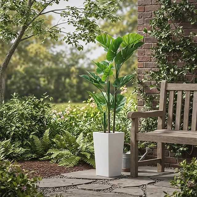 Triumpunpre Nep Monstera Plant 137cm - Hoge Witte Pot - Stabiliteitsbasis & UV-Bestendig groen