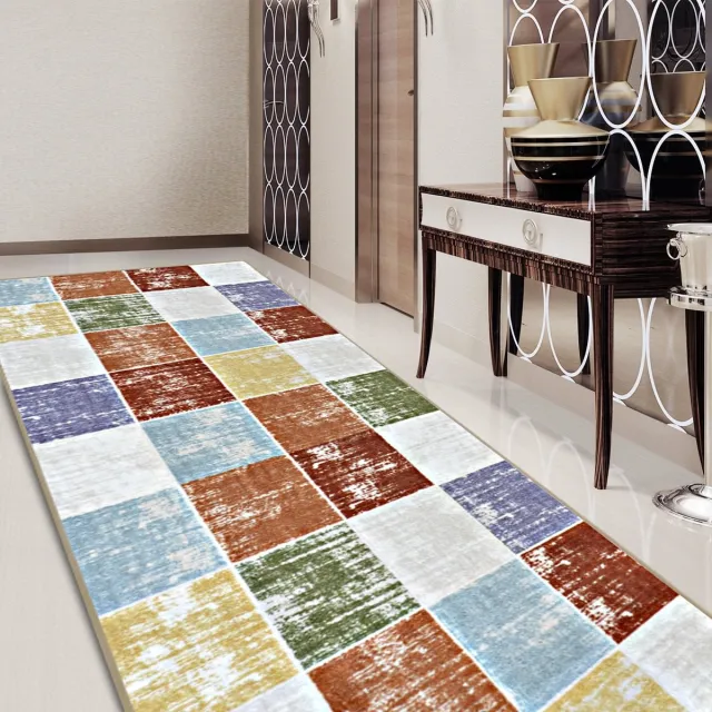 Floordirekt Tapijt Loper Capera met Patroon - Op Maat Gemaakte Fijn Lus Tapijt Loper - Voor Keuken, Hal & Woonkamer - Rasterpatroon Kleurrijke - 80 x 400 cm