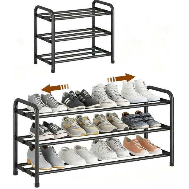 Famanu Schoenenrek 3-laags, uitbreidbaar metaal, zwarte schoenplank, schoenenopslag organizer voor gang, kledingkast, slaapkamer, 45-80 cm smalle ruimte