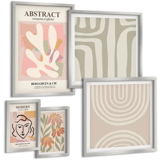 Coloray 5-Delige Schilderij Set - Strand Met Houten Trap, Vakantiesfeer - 20 x 30 cm - Stijlvolle Muurdecoratie - Kantoor - Moderne Wanddecoratie Zilveren lijst