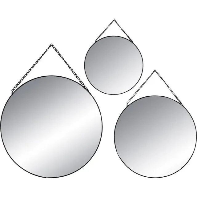 Atmosphera Wandspiegels - set van 3x st - rond - zwart - metaal - met ketting - spiegels