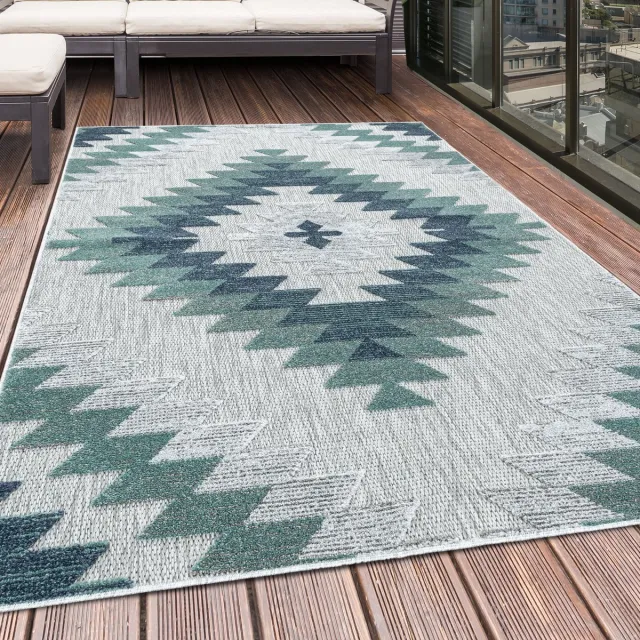 Tapijtenmagazijn Buitenkleed met geometrisch patroon, blauw, geschikt voor terras, balkon of keuken, met polypropyleen achterkant, afmeting: 80 x 250 cm