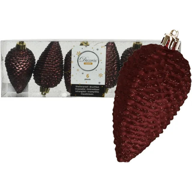 Decoris Kersthangers dennenappels - 6x -mahonie bruin - glitter - 8 cm - kunststof - kerstversiering