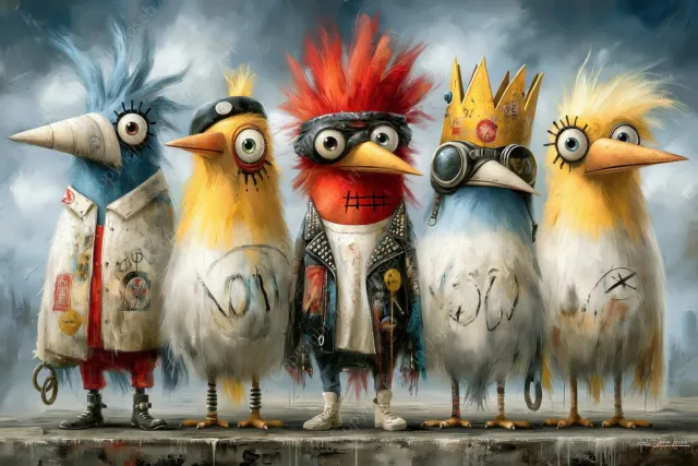 John Joseb Art (Aluminium) 90x60 | Gekke vogels, grappig, humor, graffiti, kleurrijk, portret, abstract, kunst, dier, vogel, rood, wit, geel, blauw, modern | foto-schilderij op dibond, metaal wanddecoratie Aluminium, dikte 3 mm