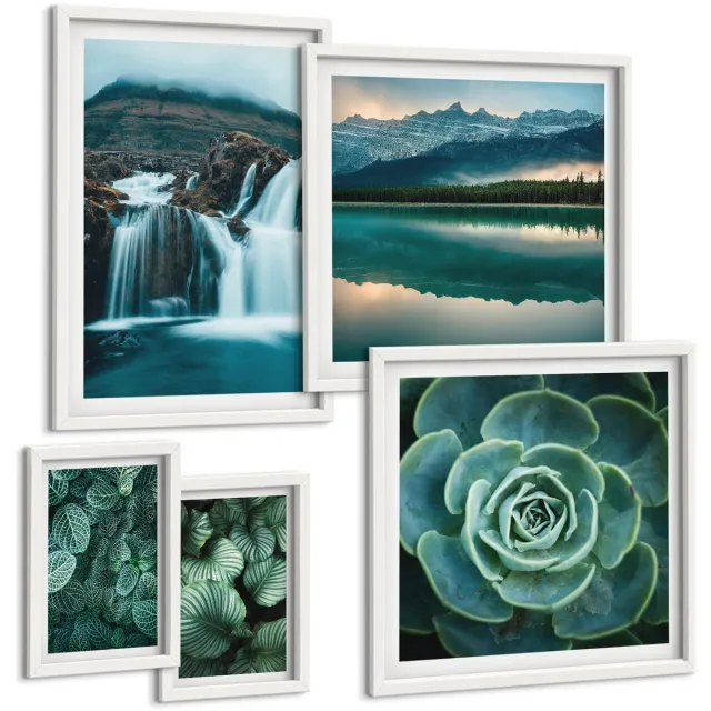 Coloray 5-Delige Schilderij Set - Groene Planten En Watervallen In Een Natuurlijke Stijl - 50 x 50 cm, 20 x 30 cm En 40 x 60 cm - Muurdecoratie - Decoratieve Schilderijen - Wohnzimmer Witte lijst