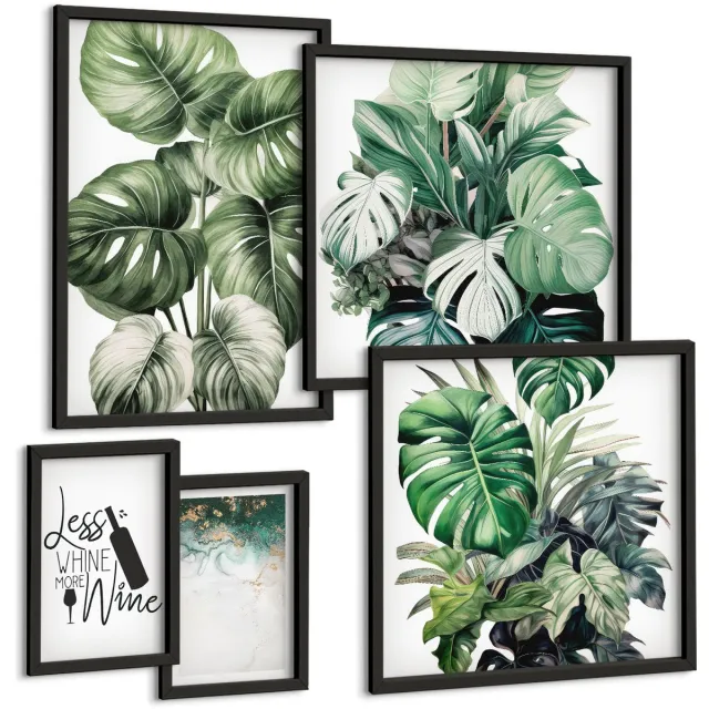 Coloray 5-Delige Schilderij Set - Plantenmotieven Met Citaten En Abstracte Accenten - 50 x 50 cm, 20 x 30 cm En 40 x 60 cm - Wanddecoratie - Woonkamer Decoratie zwarte lijst