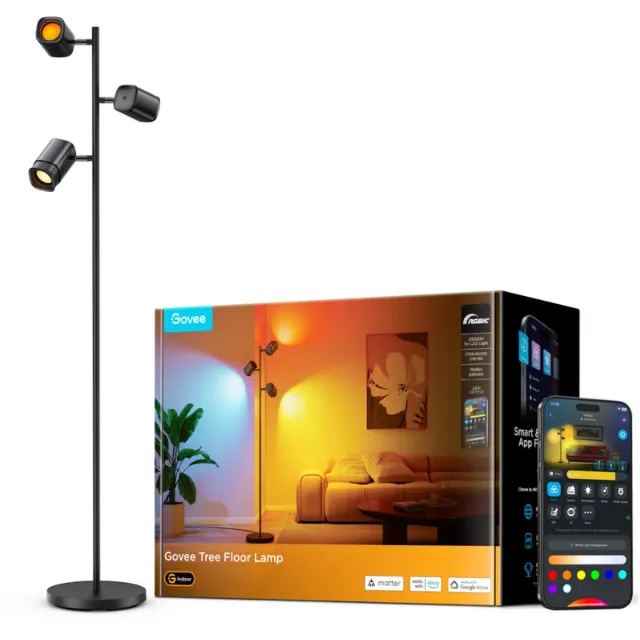 Govee slimme vloerlamp 160 cm Matter RGBWW - 3 lichtkoppen - slimme leeslamp - tree floorlamp Zwart