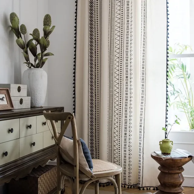 Ibenzoa Bohemian Stijl Gordijnen met Kwastjes, Halfverduisterend met Metalen Ogen, Katoen en Linnen Mix zwart