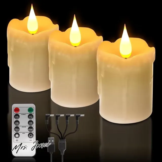 Mrs. Jones Oplaadbare Led-theelichtjes met Afstandsbediening warmwit flikkerende vlamloze kaarsen LED gemaakt van echte was 3D Wicks elektrische USB theelicht met Timer Halloween Kerstmis . multi color