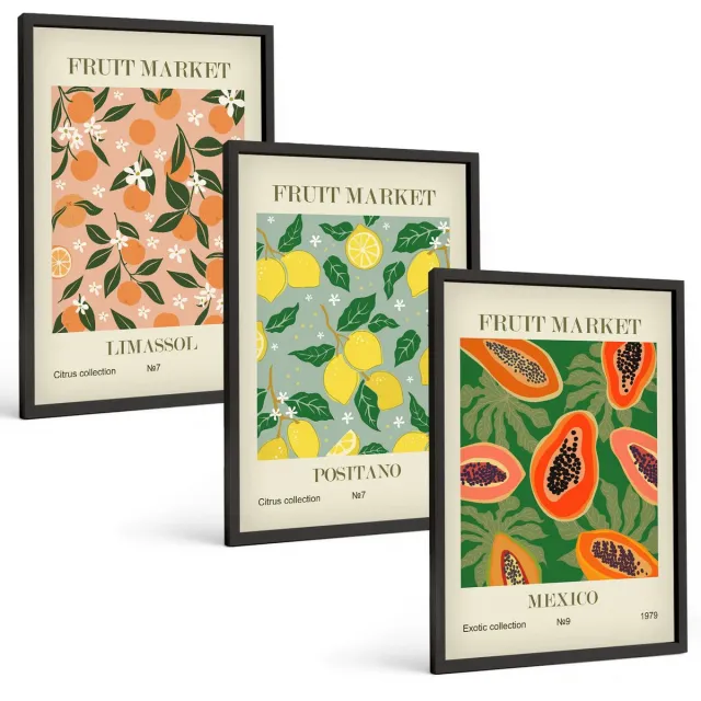 Coloray 3-Delige Schilderij Set - Citrus- En Tropische Vruchten In Retrostijl - 40 x 60 cm - Wanddecoratie - Muurdecoratie - Woonkamer - Decoratieve Schilderijen Zwarte lijst